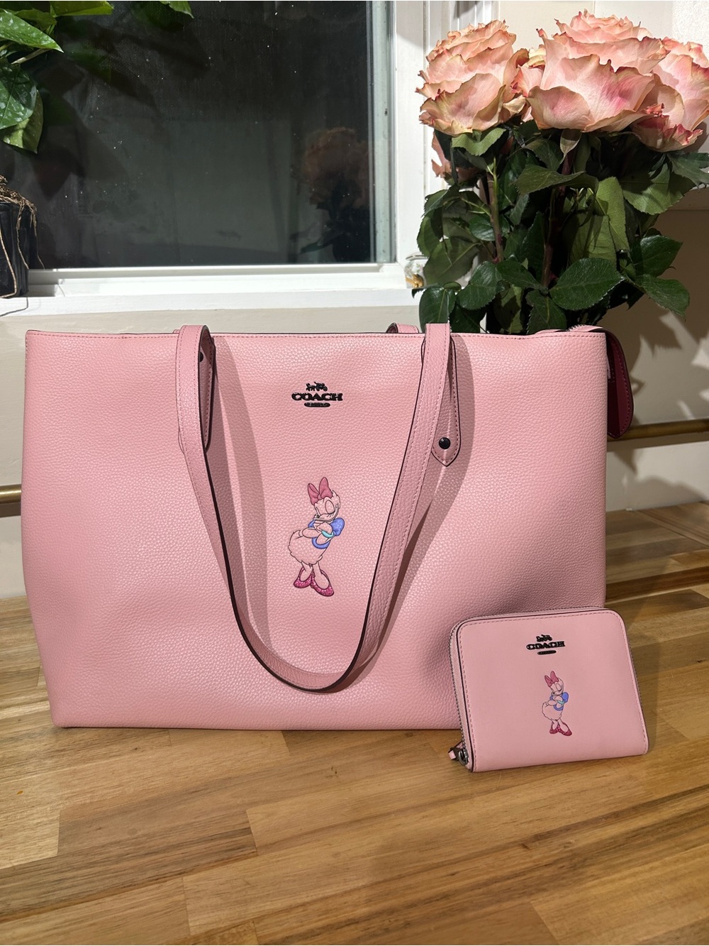 Coach Daisy Duck Disney BUNDLE Tote Bag and zip wallet pebbled pink leather